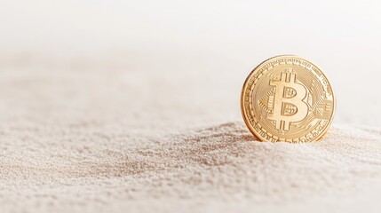 A gold cryptocurrency coin sits on a sandy surface, symbolizing the rise of digital currencies and their impact on financial investments in today's economy