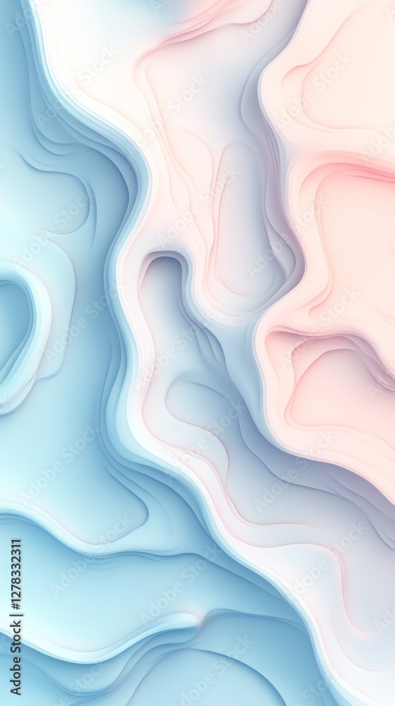 Poster soft blue and pink colors intertwine in flowing patterns, creating a serene abstract design ideal fo