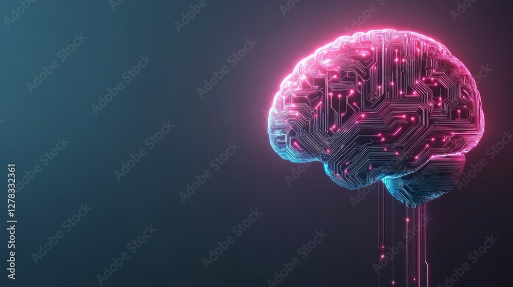 Poster glowing circuits form a digital brain design, emphasizing the connection between technology and neur