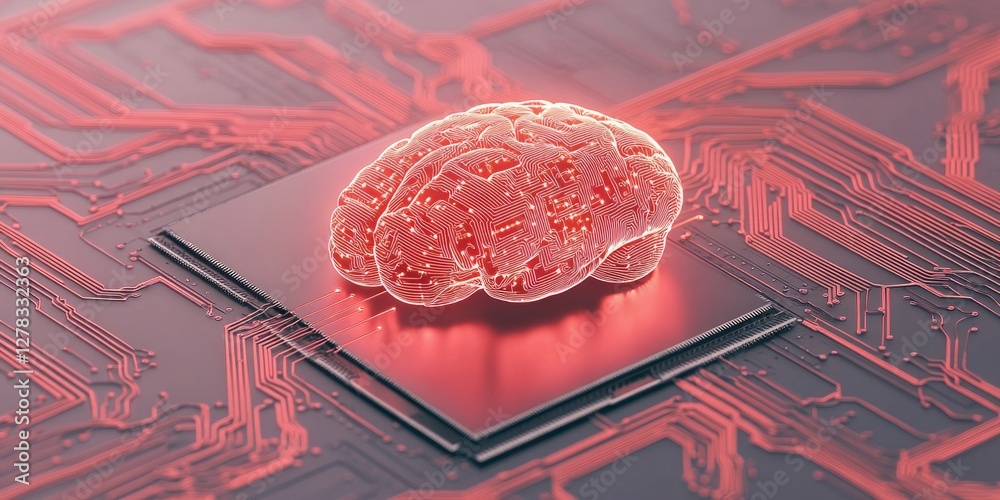 Poster a digital brain made of glowing circuitry rests on a microchip, symbolizing advancements in artifici