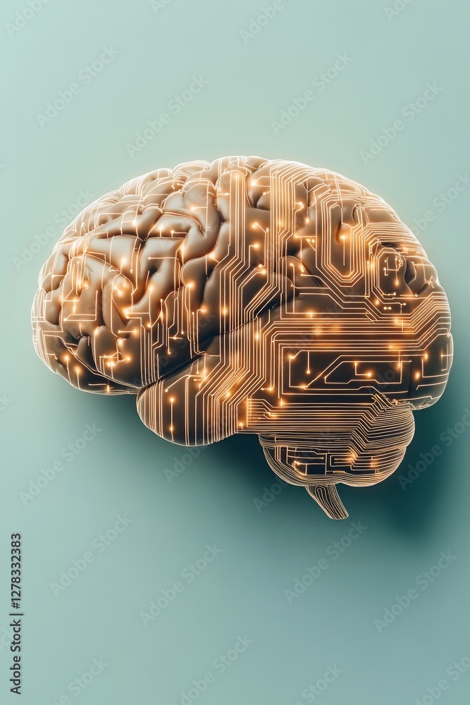 Poster a digital brain image showcases complex neural circuits set against a soft green background, merging
