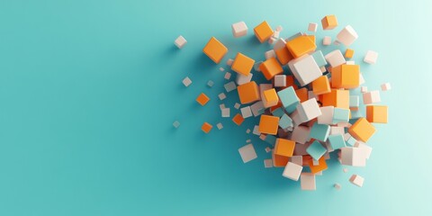 Colorful cubes in orange, white, and blue scatter dynamically across a bright turquoise background, creating an energetic and playful abstract composition