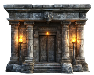Ancient stone entrance with intricate carvings and glowing torches, evoking sense of mystery and history. detailed architecture showcases craftsmanship and grandeur