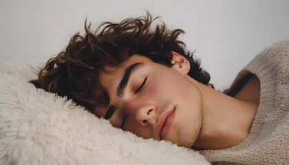 Naklejka premium Young man peacefully rests on a soft white pillow