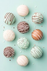 Brightly colored cake pops arranged artistically on a soft mint green surface, featuring various toppings and creative designs that invite sweet indulgence