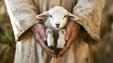 The hands of Jesus holding a lamb. Christian photo
