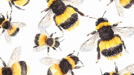 Watercolor Bumble Bee Pattern Flat Vector Illustration
