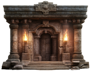 Ancient stone entrance with intricate carvings and glowing torches, evoking sense of mystery and history. This grand structure showcases detailed craftsmanship and timeless beauty