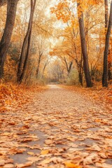 Obraz premium A tranquil path stretches through a park, surrounded by trees adorned in orange and yellow leaves. The ground is blanketed with fallen foliage