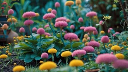 Vibrant Garden Scene Featuring Purple Clitoria Ternatea and Colorful Flower Blossoms with Blank Space for Text Placement