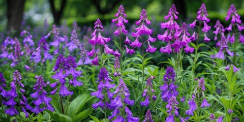 Obraz premium Vibrant Purple Cranesbill Flowers in Bloom Among Green Foliage in a Colorful Garden Landscape Perfect for Summer Outdoor Decor
