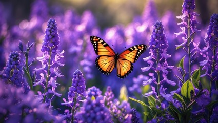 Vibrant Purple Flowers with Orange Butterfly in Natural Setting and Empty Space for Text Overlay