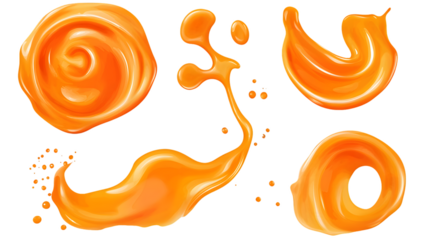 Orange liquid splashes and swirls isolated on transparent background.  Dynamic shapes and textures ideal for design elements, PNG