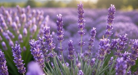 Obraz premium Lavender Flower Field Close Up in Blooming Season with Soft Sunlight Creating a Tranquil and Fragrant Garden Atmosphere