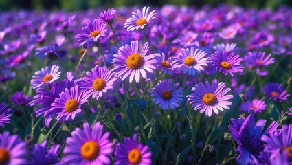 Fototapeta premium Vibrant Purple Daisy Field in Full Bloom with Sunshine and Greenery Capturing the Essence of Summer Beauty and Nature's Splendor