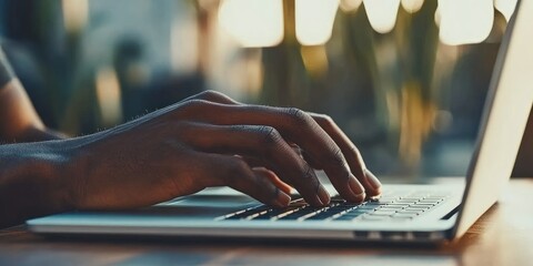 A person is focused on typing on a laptop. The warm sunlight creates a cozy atmosphere with soft shadows and greenery in the background