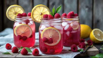 Refreshing Raspberry Lemonade in Mason Jars with Ice, Slices of Lemon, and Fresh Raspberries on a Rustic Background