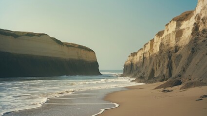 Beachside Ravine and Shoreline with Dramatic Cliffs and Gentle Ocean Waves Under Clear Skies in Serene Natural Landscape