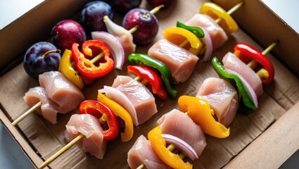 Raw Chicken Skewers With Peppers Plums And Onions In Cardboard Box Close-Up Top View Colorful Fresh Ingredients For Grilling Cooking