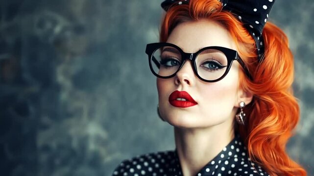 Stylish retro woman with red hair and glasses in vintage fashion style. Pin-up girl on dark grange background. As animated advertising banner with empty space for text
