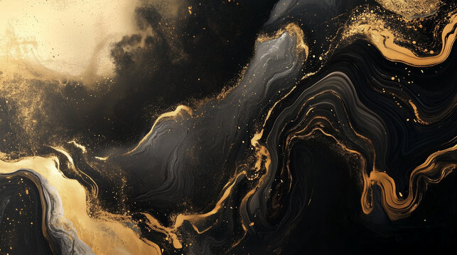 Black and gold marble textures with elegant abstract veining. Evokes opulence and exclusivity for premium brand backdrops
