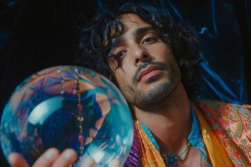Naklejka premium A vibrant man with curly hair and a beard gazes into a crystal ball.