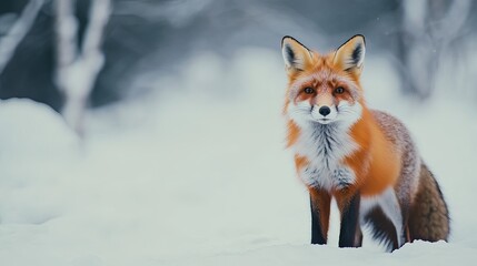Vibrant red fox in snowy forest landscape with intense gaze