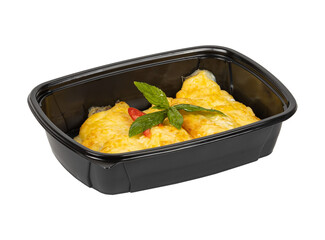 A black plastic container filled with food and topped with a tomato