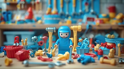 A toy tool set with plastic hammers, screwdrivers, and wrenches. HD 8K wallpaper Photographic Image