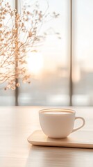 A warm cup of coffee rests on a wooden tray, illuminated by soft morning light streaming through large windows, complemented by minimalistic decor