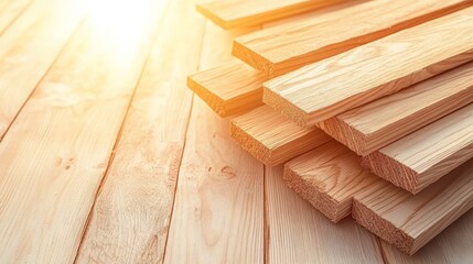 Sunlight illuminates a stack of wooden planks arranged neatly in a woodworking shop, highlighting the natural grain and color of the wood