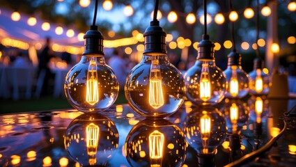 Obraz premium Illuminating Outdoor Party Lights with Reflection in a Cozy Evening Atmosphere