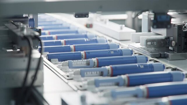 Row of Insulin Injection Pens on Conveyor Line during Production Process at Modern Pharmaceutical Factory. Weight Loss Medication Manufacturing. Medicinal Drug Production Plant.