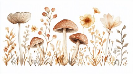 Watercolor Beige Brown Flowers Mushrooms Illustration