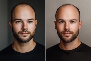 before and after portraits showing hair restoration progress, professional clinical setting with soft lighting and neutral background