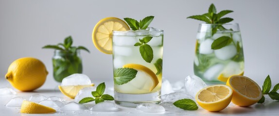 Fototapeta premium Refreshing summer beverage with ice, lemon, and mint in clear glasses, surrounded by fresh ingredients and ice. Perfect for seasonal promotions.