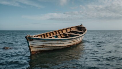 Naklejka premium Weathered Boat Adrift in Calm Sea Composition with Copy Space for Text and Scenic Background.