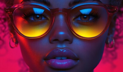 Woman in Glasses with Swirling Pink and Purple Abstract Background © Muhammad