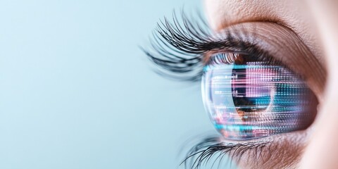 A close-up of an eye reveals a digital display within, featuring colorful graphics and patterns that represent advanced technology and modern vision