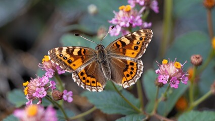 Fototapeta premium Vibrant Ringlet Brown Butterfly perched on colorful flowers in a natural garden setting showcasing delicate wings and intricate details.