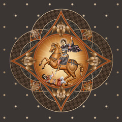 Saint Demetrius of Thessaloniki. Decorative vintage dome with 4 apostles and seraphim. Illustration in Byzantine style