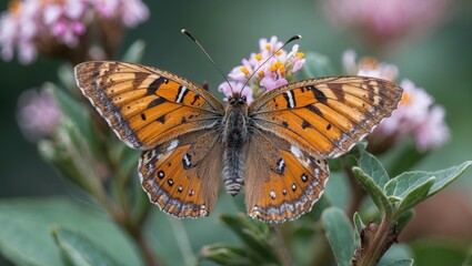 Fototapeta premium Vibrant Ringlet Brown Butterfly perched on blooming flowers in a lush garden setting showcasing intricate wing patterns and vivid colors.
