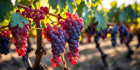 Vibrant ripe red grapes hanging in a sunlit vineyard with lush green leaves and soft sunlight creating an inviting atmosphere for text space.