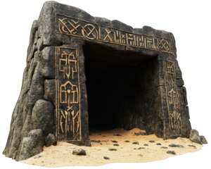 Ancient cave entrance with mystical runes, surrounded by rocky terrain, evokes sense of mystery and adventure