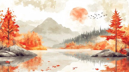 Elegant Dress with Watercolor Autumn Landscape Print