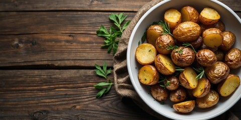 Fototapeta premium Rustic Roasted Potatoes in White Bowl on Wooden Table with Herbs and Copy Space for Text in an Inviting Culinary Setting
