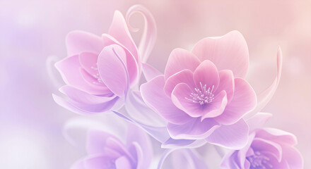 Obraz premium Delicate Pink and Lavender Flowers with Elegant Curves. A close-up illustration of pink and lavender flowers, with intricate curving lines and soft petals, creating a serene and elegant floral scene.