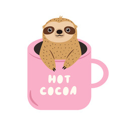 Vector illustration of cute sloth character sitting in a cup. Perfect for prints. stickers, greeting cards