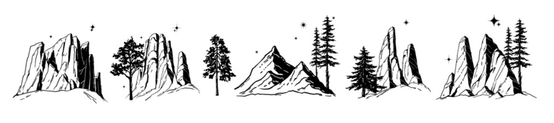 Mountain doodle set, vector hand drawn rock line illustration, nature forest camping high peak print. Pine tree silhouette, hiking vacation label, vintage woodland adventure graphic. Mountain doodle