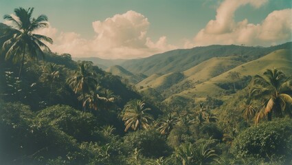 Serene Tropical Landscape with Rolling Hills and Lush Jungle Rich in Greenery and Palm Trees under a Bright Sky with Empty Space for Text